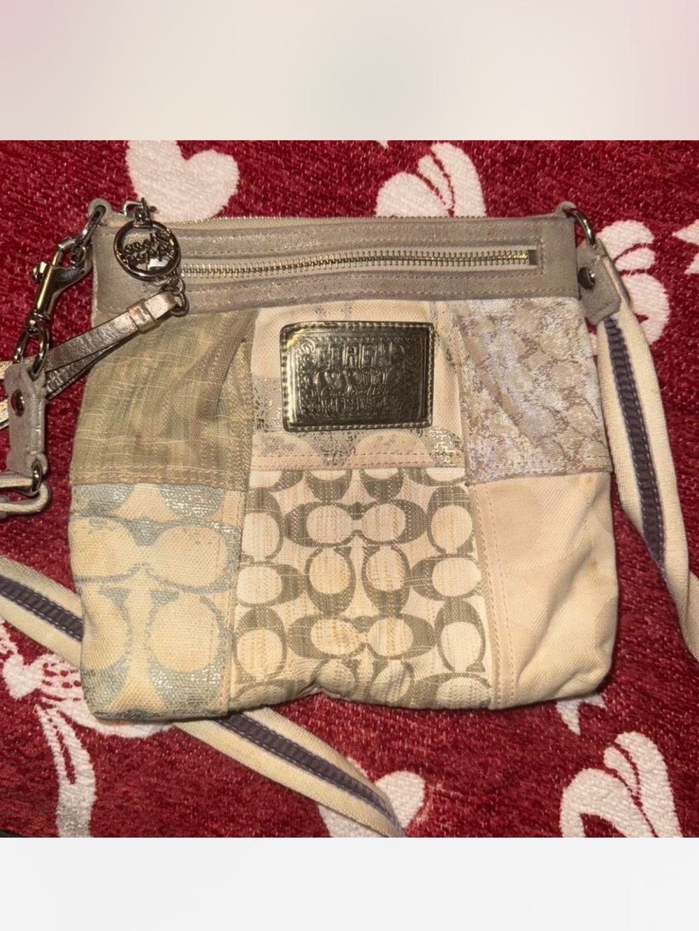 Authentic Coach Patchwork Signature Crossbody Bag in Neutral Beige and Silver